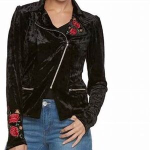 Disney Black Velvet Moto Jacket with Red Rose Embroidery